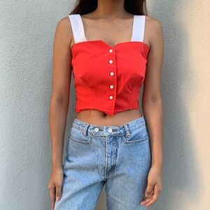 Vintage Orange Off White Button Up Shift Sweetheart Neckline Cropped Smocked Top